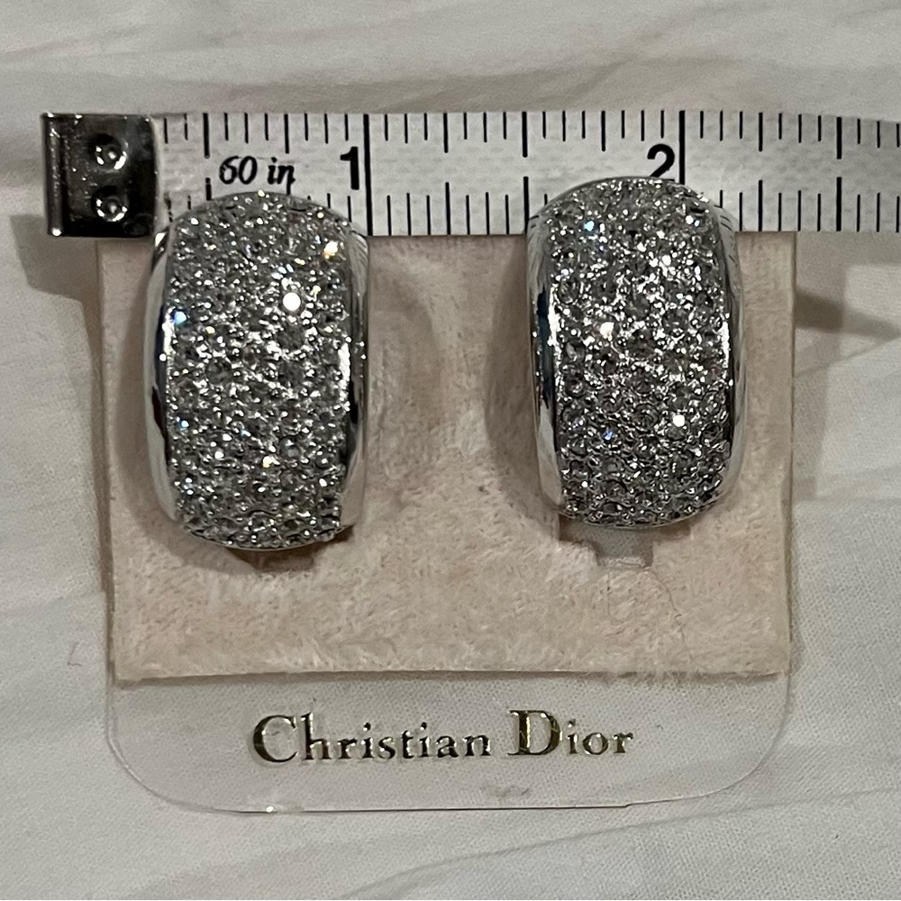 Christian Dior Vintage Silver Pave Crystal Half Hoop Clip-On Earrings - Picture 11 of 16